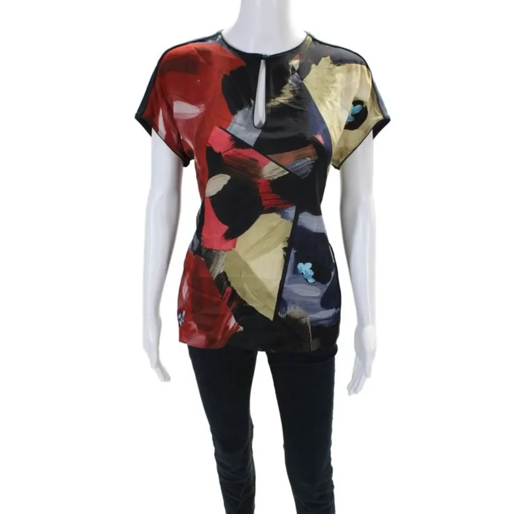 Lafayette 148 New York Womens Silk Abstract Print Blouse Multicolor Size S